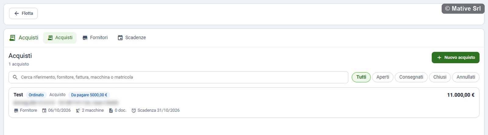 Purchase list with search, status filters and a purchase card with amount to pay and next deadline