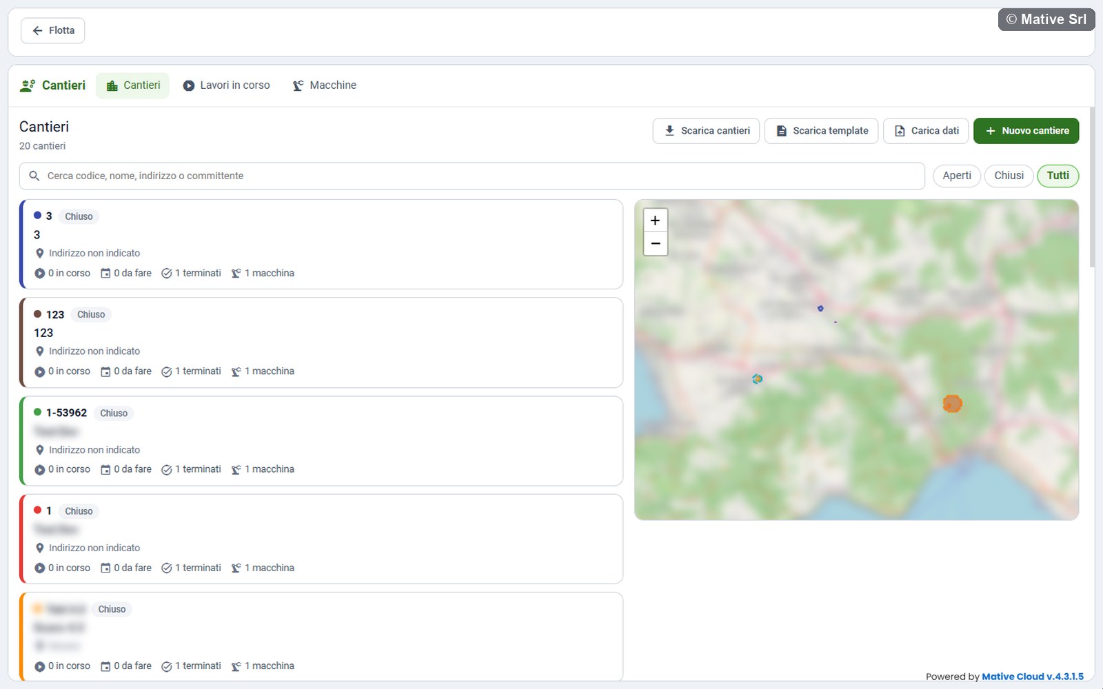 Construction site list with search, filters, a colour per site and the map with the site area