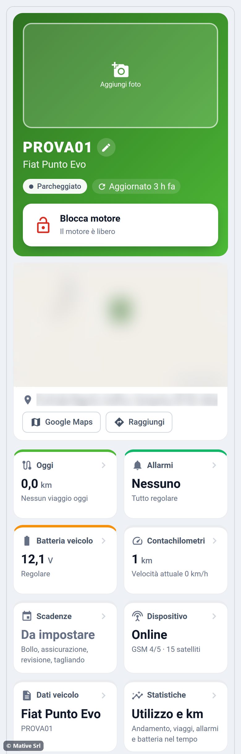 Drive home on a smartphone: header with photo and engine lock, map, address and tiles