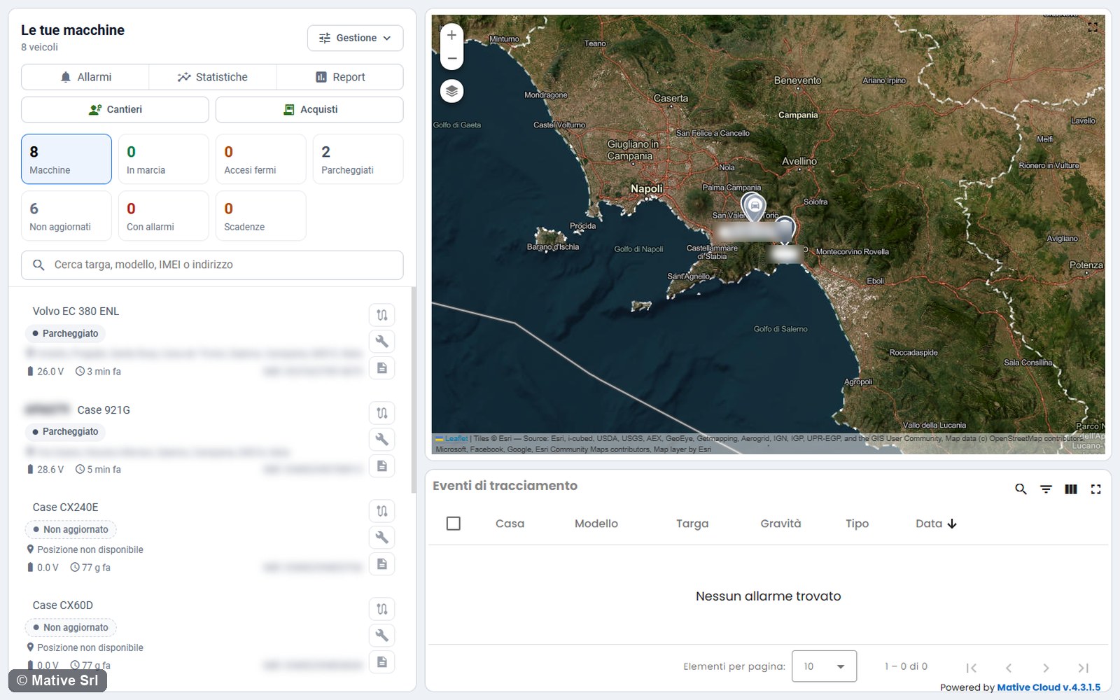 Site Monitoring home with the Cantieri and Acquisti buttons, machine KPIs, machine list and map