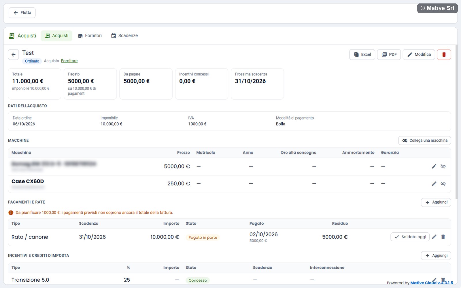Purchase detail with totals, purchase data, linked machines, a partly paid instalment and incentives