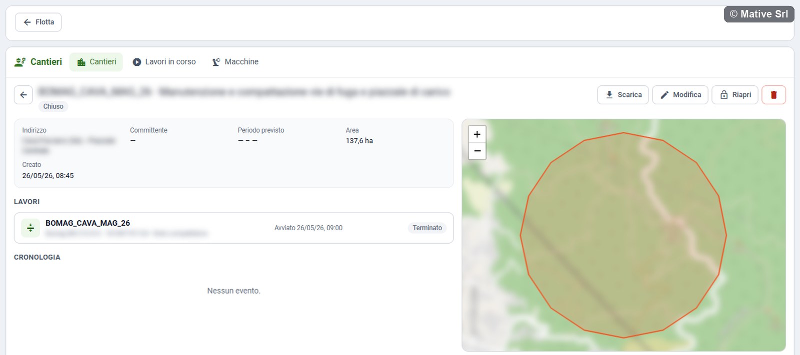 Detail of an open site with data, area in hectares, works, history and the site area on the map
