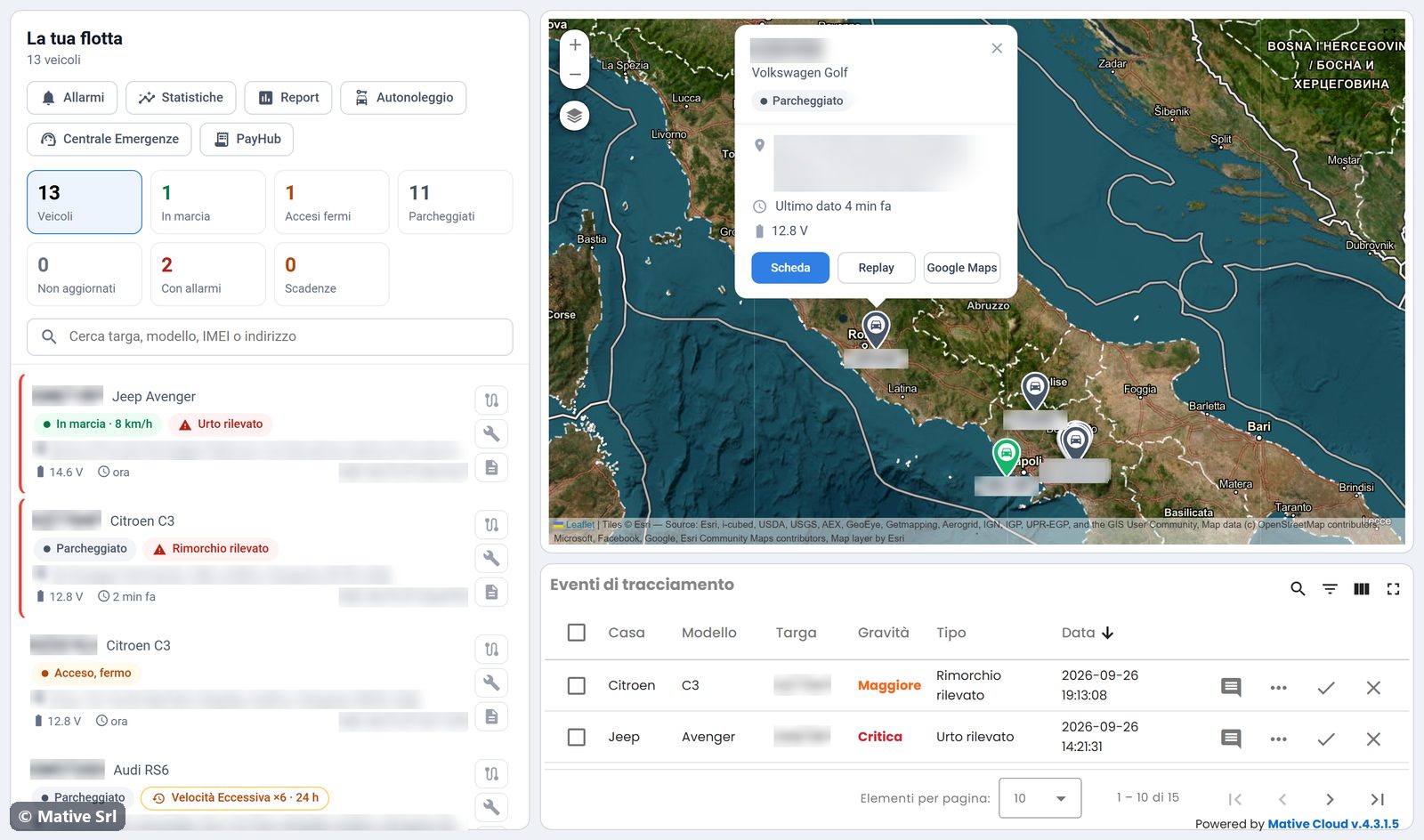 Vehicle card opened by clicking a pin on the fleet map