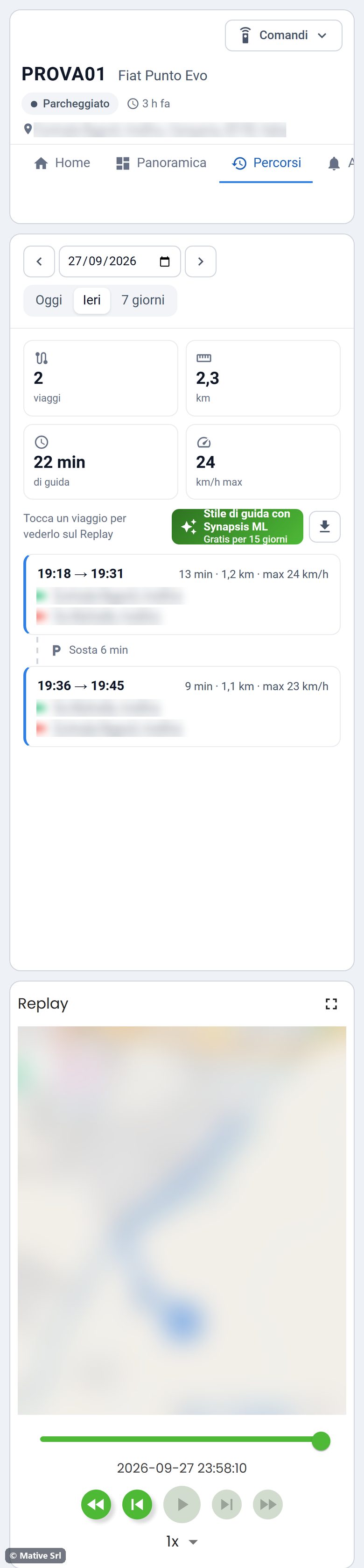 Trips page on a smartphone with the trips of yesterday and the replay map