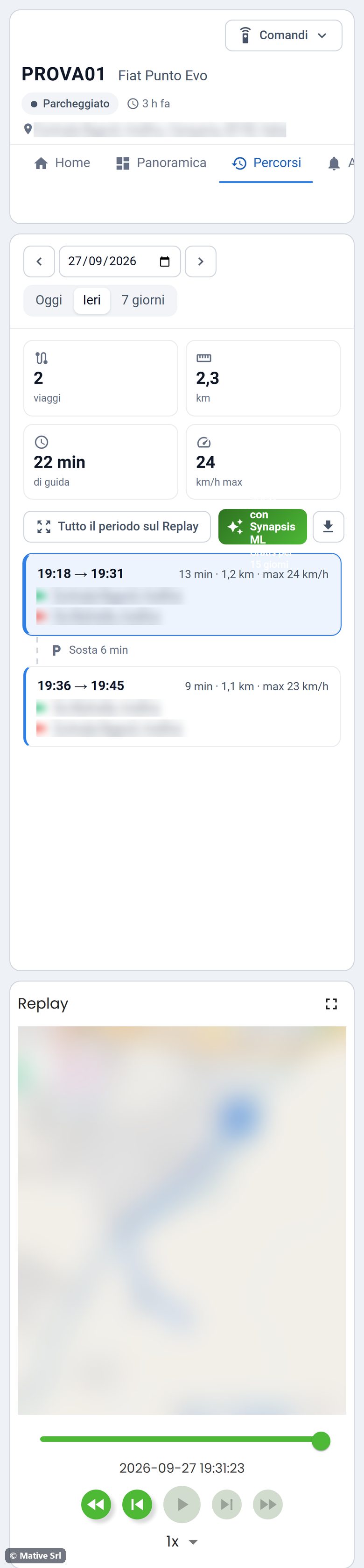A trip selected and shown on the replay map