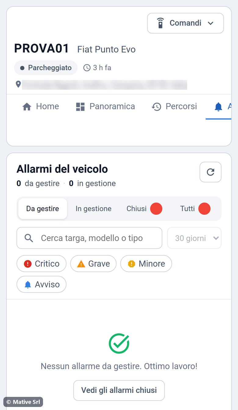Alarms page of the vehicle with no alarms to handle