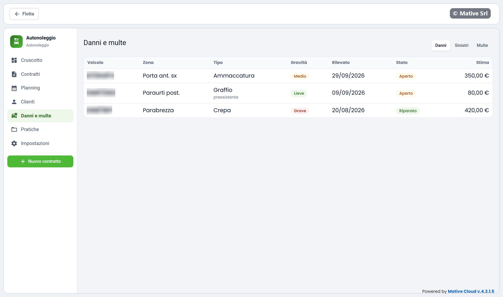 List of damages with vehicle, area, type, severity, date, status and estimate