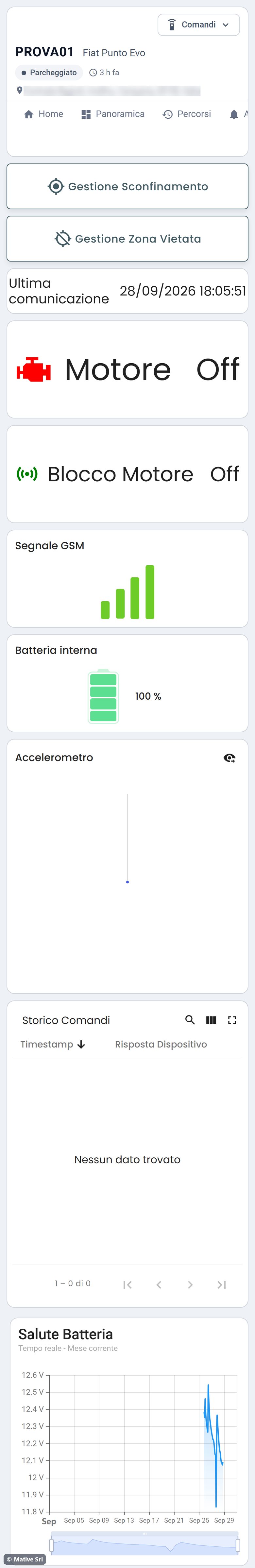 Device page with last communication, engine, engine lock, signal, battery and command history