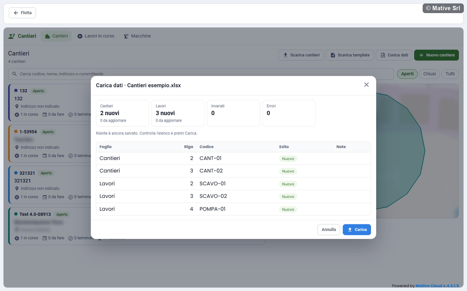 Carica dati preview with new sites and works, no errors and the Carica button