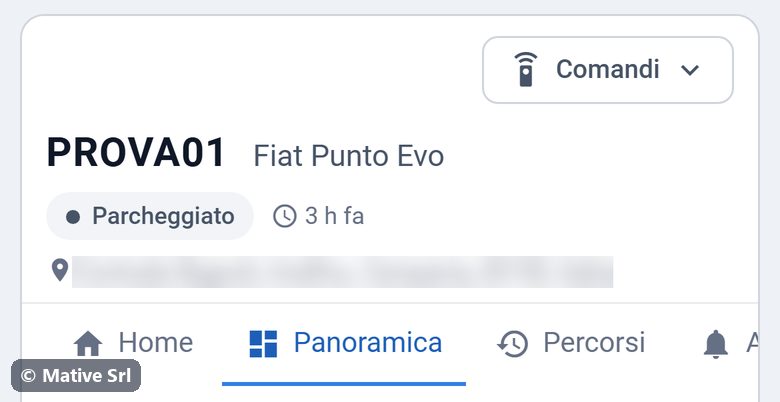 Vehicle header with the tab bar at its start: Home, Panoramica, Percorsi
