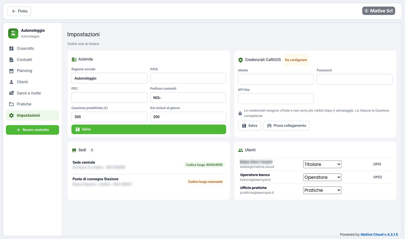 Settings with company data, CaRGOS credentials, branches and users