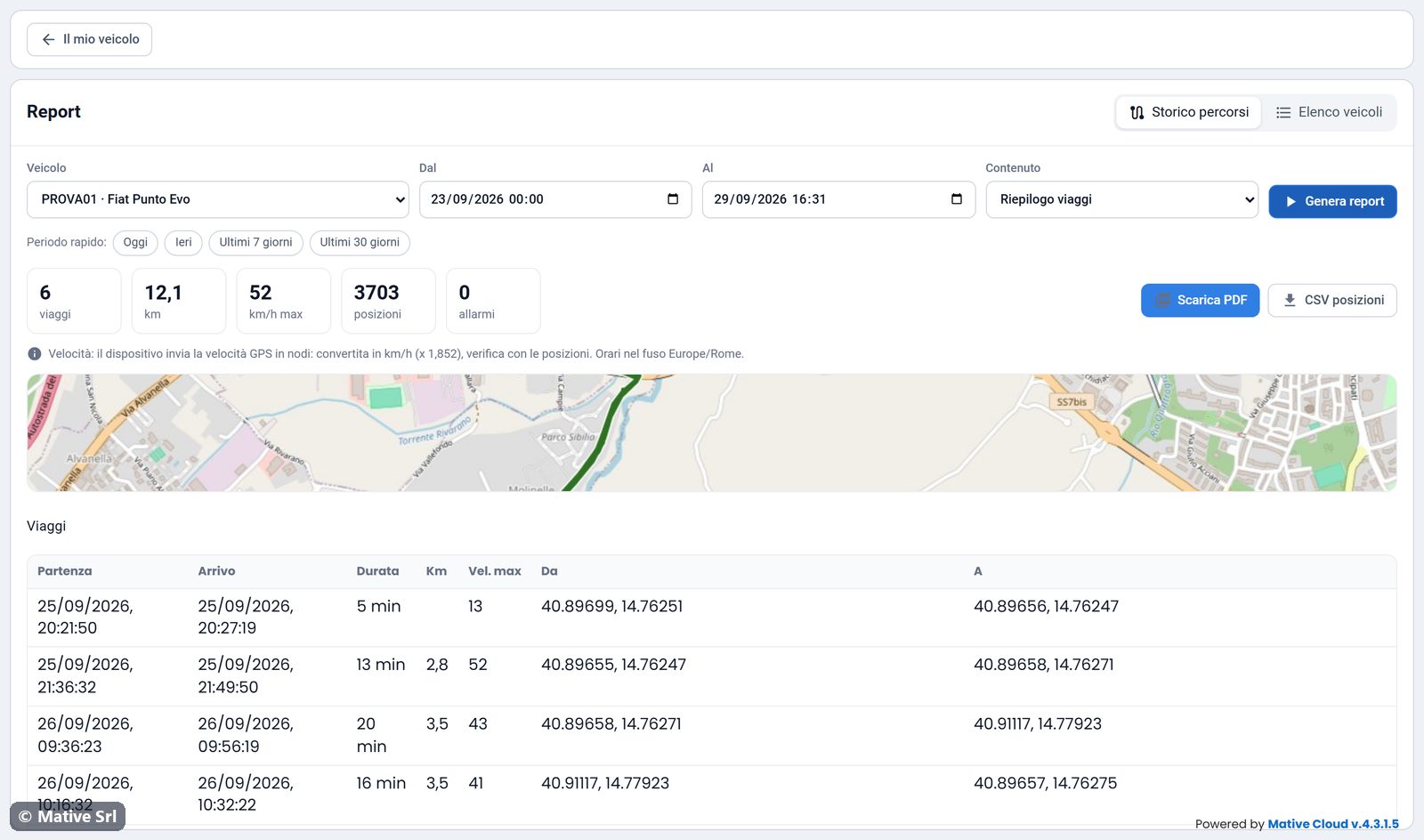 Report preview with summary, PDF and CSV buttons and speed note