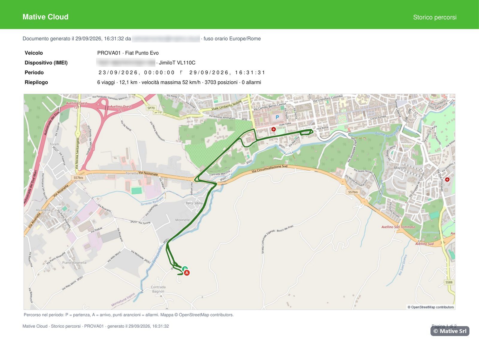 First page of the PDF with vehicle, device, period, summary and map