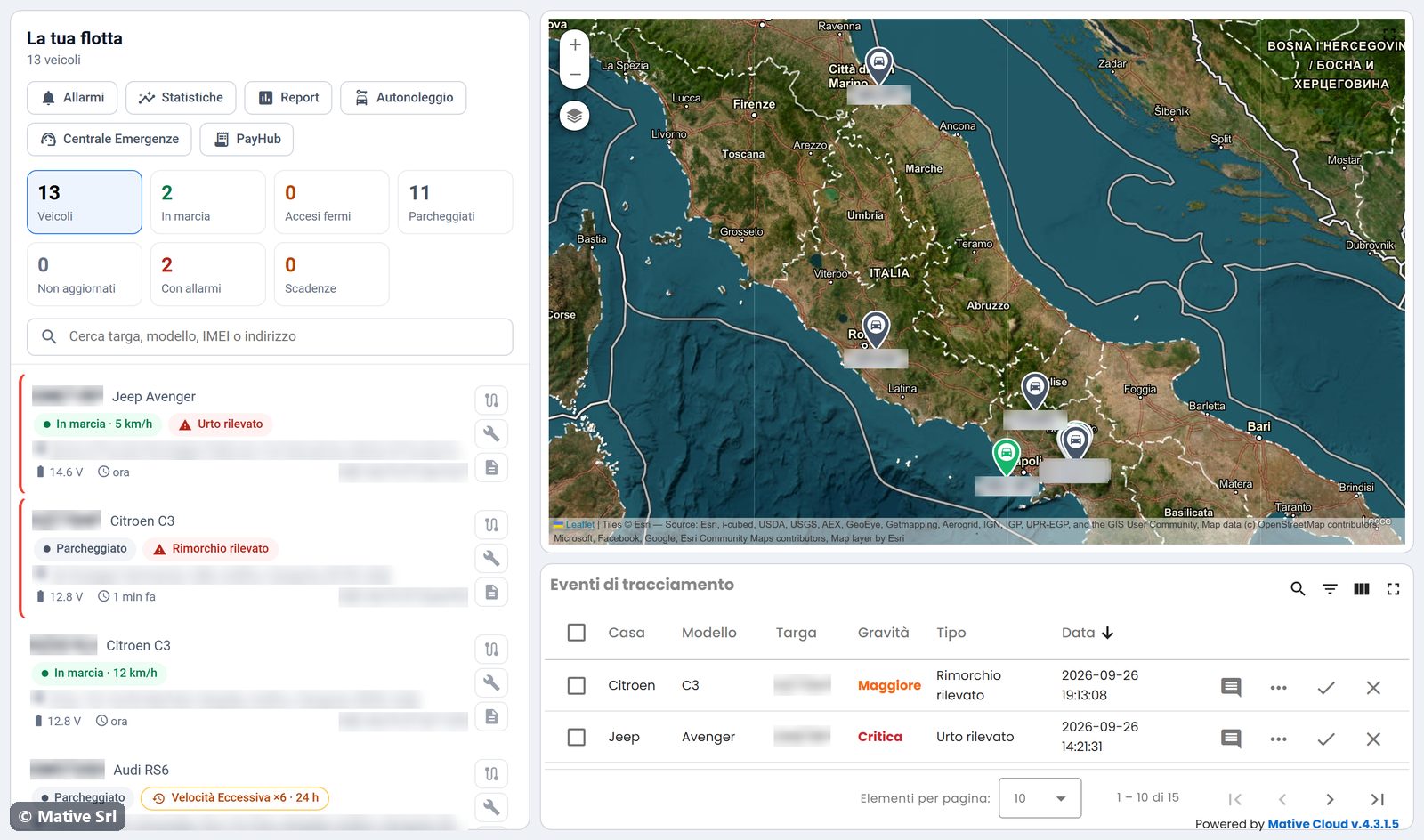 Home di Fleet Monitoring con KPI, elenco dei veicoli, mappa della flotta ed eventi di tracciamento