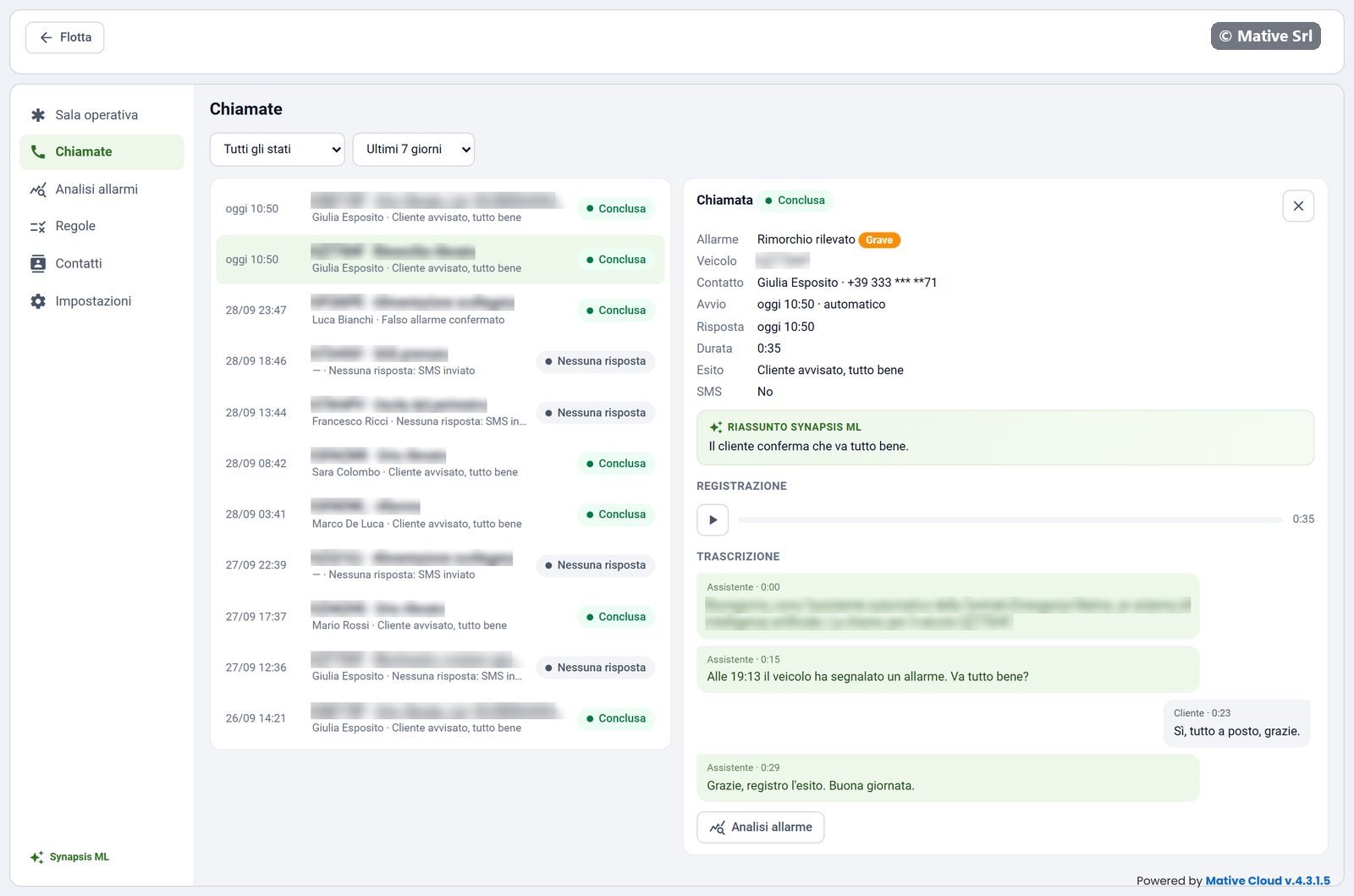 Chiamata conclusa con allarme, contatto, orari, esito, riassunto Synapsis ML, registrazione e trascrizione