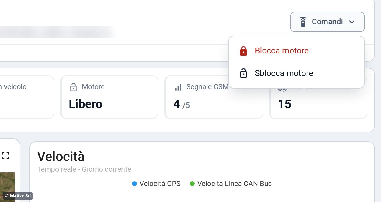 Menu Comandi aperto nell'intestazione del veicolo