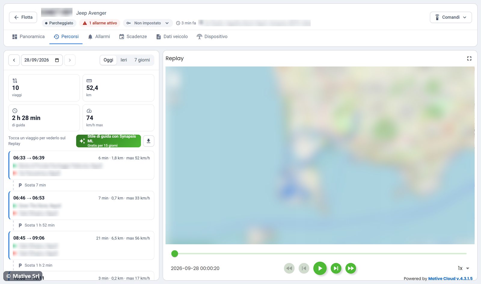 Scheda Percorsi con l'elenco dei viaggi di una giornata e la mappa del replay