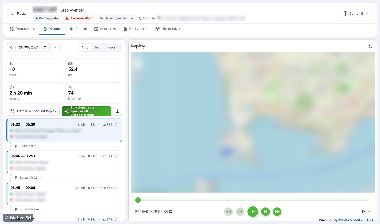 Un viaggio selezionato mostrato sulla mappa del replay