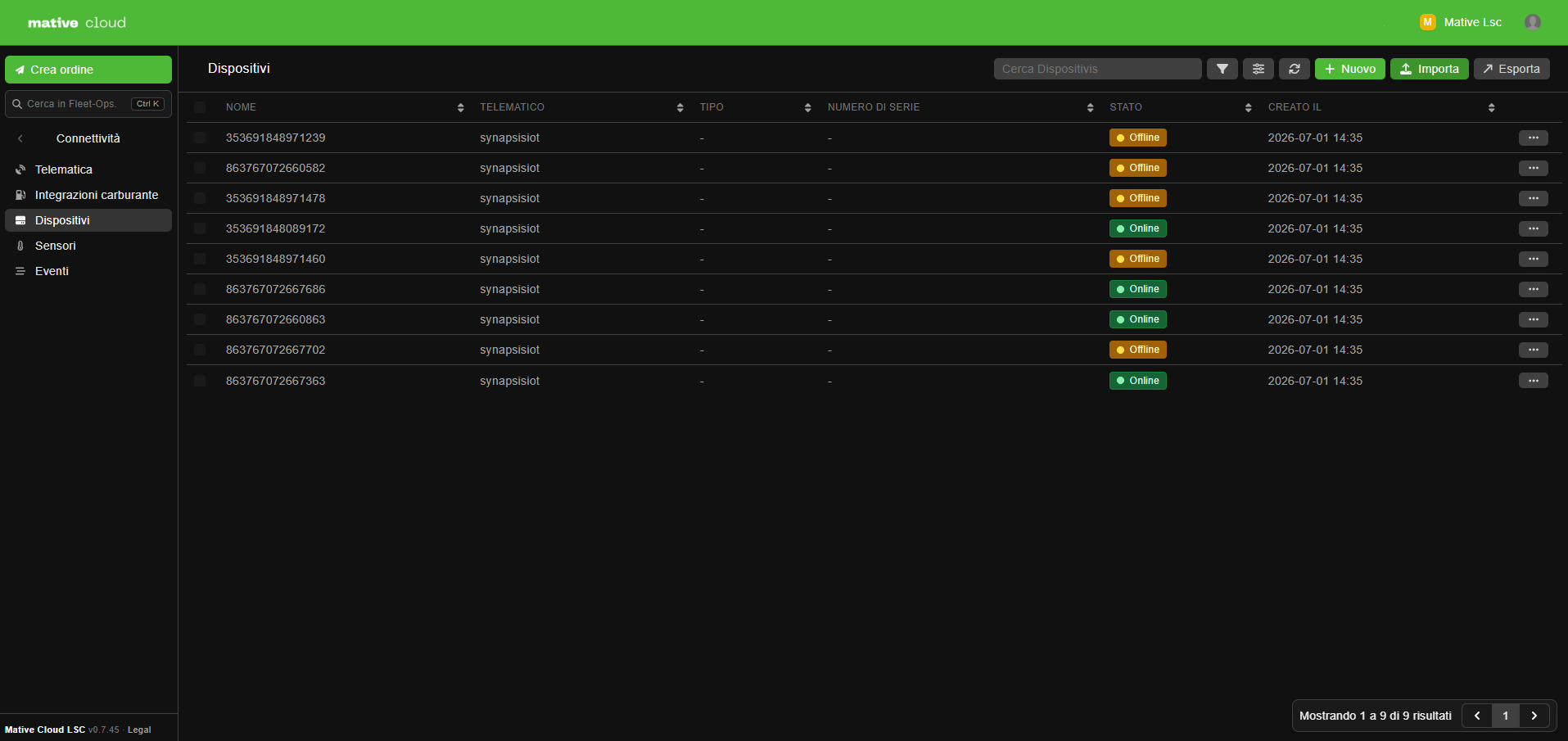 Mative Cloud Fleet Management — Lista Dispositivi